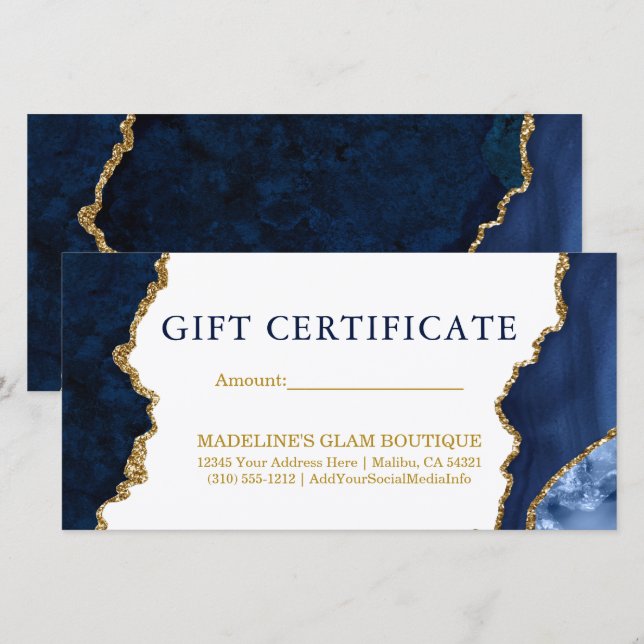 Watercolor Marble Blue Gold Gift Certificate (Front/Back)