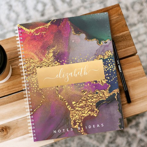 Watercolor marble chic glam gold purple blue green notebook