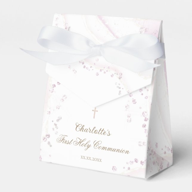watercolor marble faux glitter First Communion Favor Boxes (Front Side)