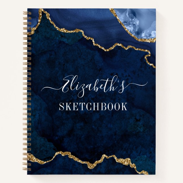 Watercolor Marble Gold Blue Geode Sketchbook Notebook (Front)