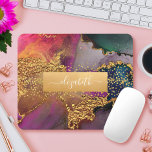 Watercolor marble gold purple blue monogram name mouse pad<br><div class="desc">A sparkly, faux gold foil band with your script typography name overlays a rich, gold veined, navy blue, hunter green, pink, and purple watercolor background on this elegant, trendy, girly, custom name mousepad. Makes a chic and stylish statement every time you use it. A great gift for a friend, as...</div>
