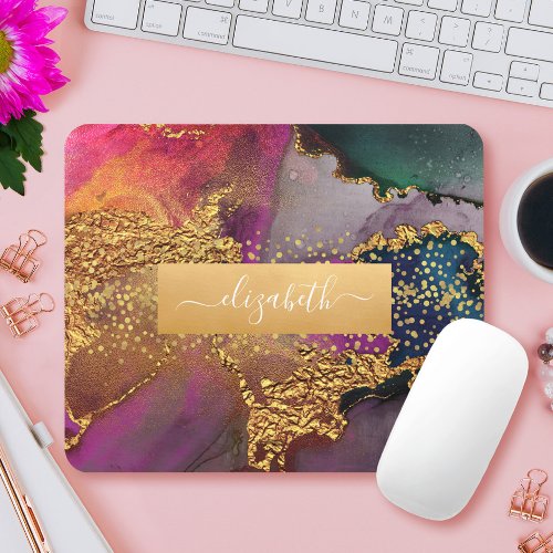 Watercolor marble gold purple blue monogram name mouse pad