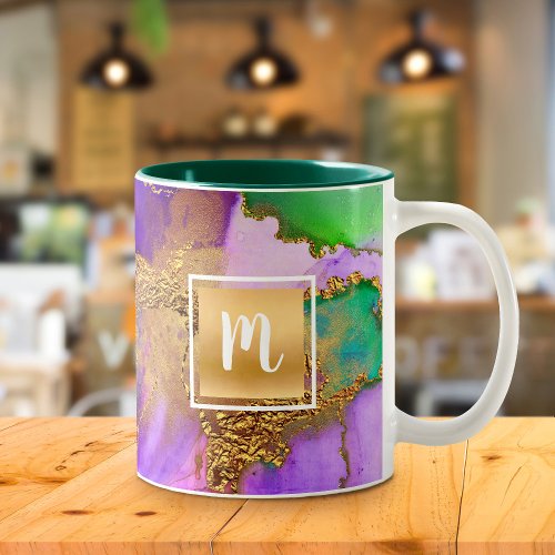 Watercolor marble gold purple green aqua monogram Two_Tone coffee mug