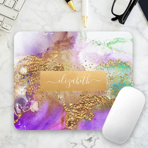 Watercolor marble gold purple pink green glam chic mouse pad