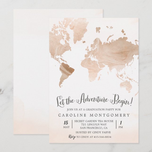 Watercolor Marble Map Travel Graduation Invitation (Front/Back)