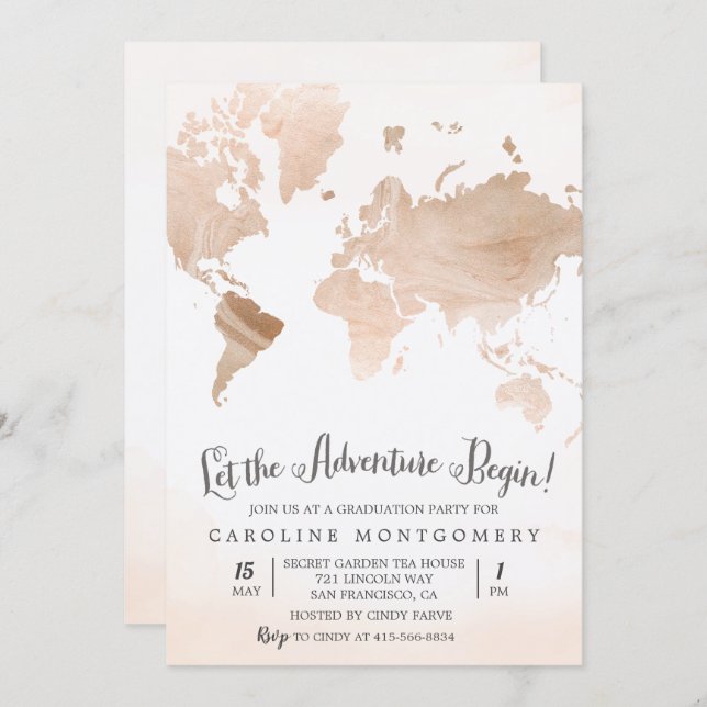 Watercolor Marble Map Travel Graduation Invitation (Front/Back)
