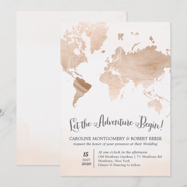 Watercolor Marble Map Travel Wedding Invitation (Front/Back)