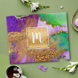 Watercolor marble monogram gold purple green aqua jigsaw puzzle<br><div class="desc">A sparkly, faux gold foil square with a script typography monogram initial overlays a rich, gold veined, purple, green, aqua, and pink watercolor background on this elegant, trendy, girly, modern, monogramed jigsaw puzzle. Makes a great unique, custom, personalized present for someone special! Comes in a special gift box. Just type...</div>