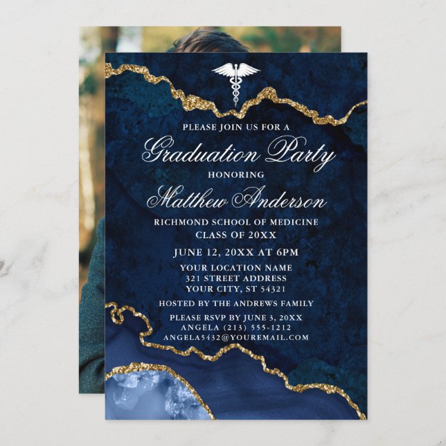 Watercolor Marble Photo Medical Graduate Party Invitation (Front/Back)