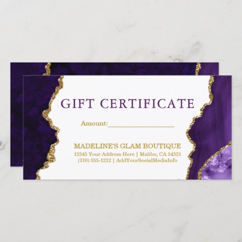 Watercolor Marble Purple Gold Gift Certificate