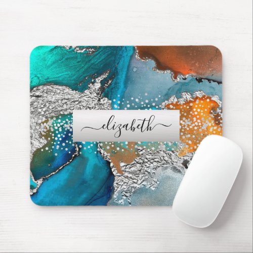 Watercolor marble silver turquoise orange name mouse pad