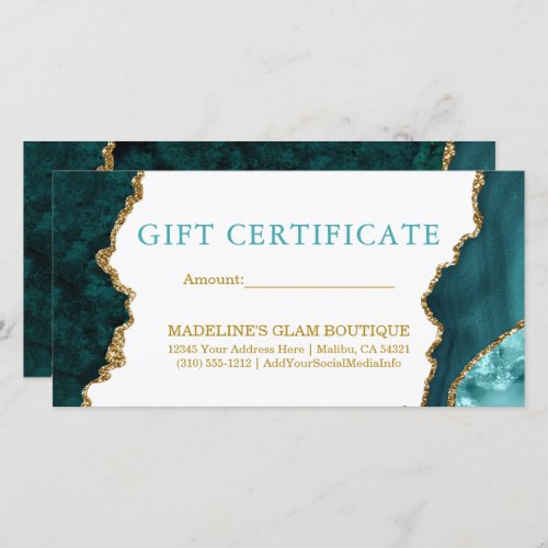 Watercolor Marble Teal Gold Gift Certificate