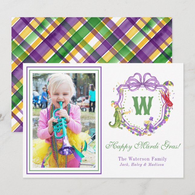 Watercolor Mardi Gras Animals Monogram Crest Photo Holiday Card (Front/Back)