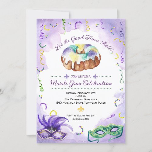 Watercolor Mardi Gras Fat Tuesday Party Invitation