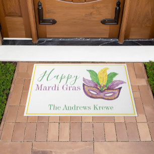 Watercolor Mardi Gras Mask Personalized Doormat