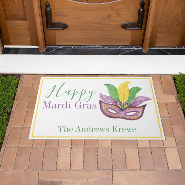 Watercolor Mardi Gras Mask Personalized Doormat (Creator Uploaded)