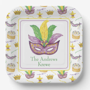 Watercolor Mardi Gras Mask Personalized Paper Plates
