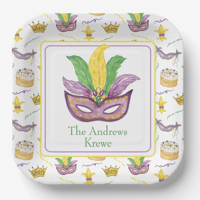 Watercolor Mardi Gras Mask Personalized Paper Plates (Creator Uploaded)