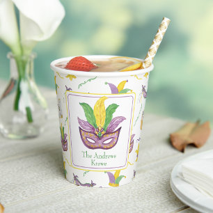 Watercolor Mardi Gras Mask Personalized Party Paper Cups