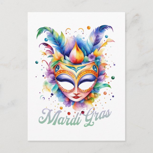 Watercolor Mardi Gras Mask Postcard (Front)