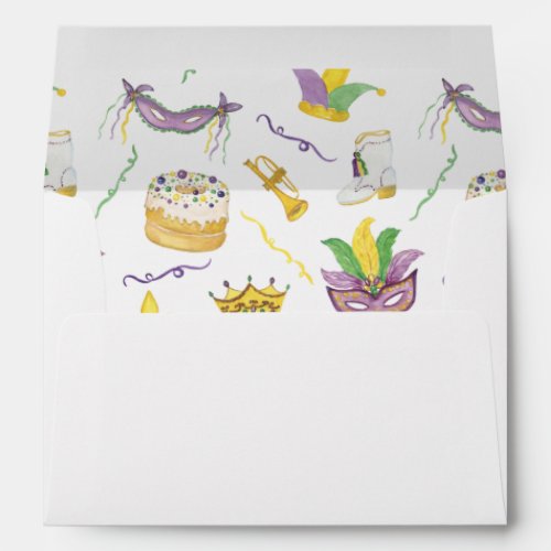 Watercolor Mardi Gras Masks King Cake Crown Envelope