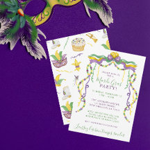 Watercolor Mardi Gras Masks King Cake Crown Party