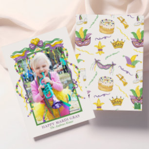 Watercolor Mardi Gras Masks King Cake Crown Photo Holiday Card