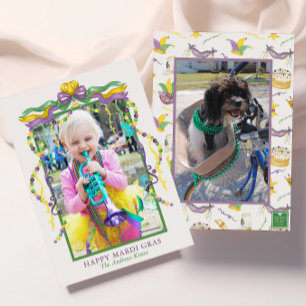 Watercolor Mardi Gras Masks King Cake Crown Photo Holiday Card