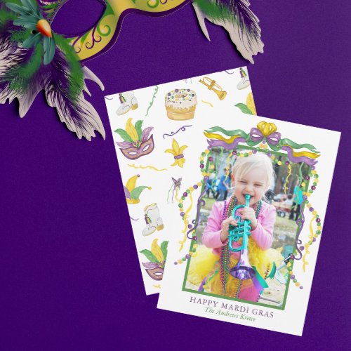 Watercolor Mardi Gras Masks King Cake Crown Photo Holiday Card