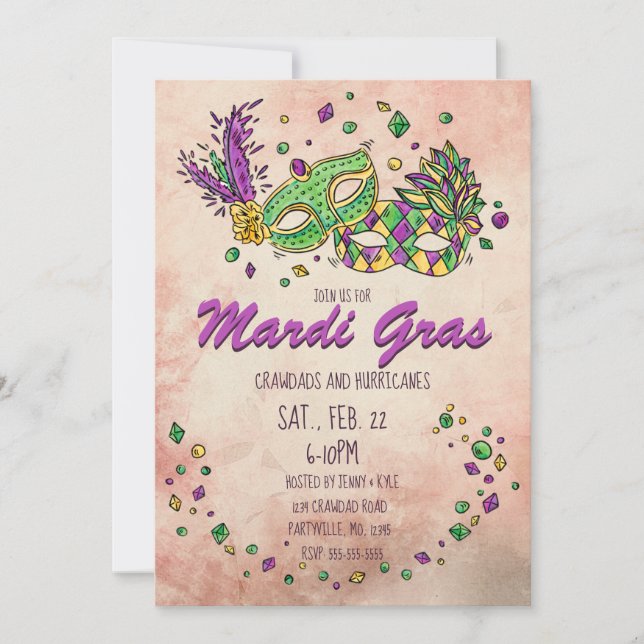 Watercolor Mardi Gras Masks Masquerade Invitation (Front)