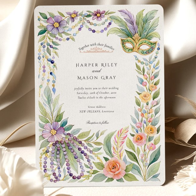 Watercolor Mardi Gras Masquerade Floral Wedding Invitation (Creator Uploaded)