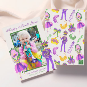 Watercolor Mardi Gras Masquerade Photo Holiday Card