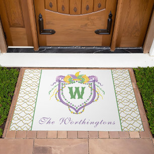 Watercolor Mardi Gras Monogram Crest Doormat