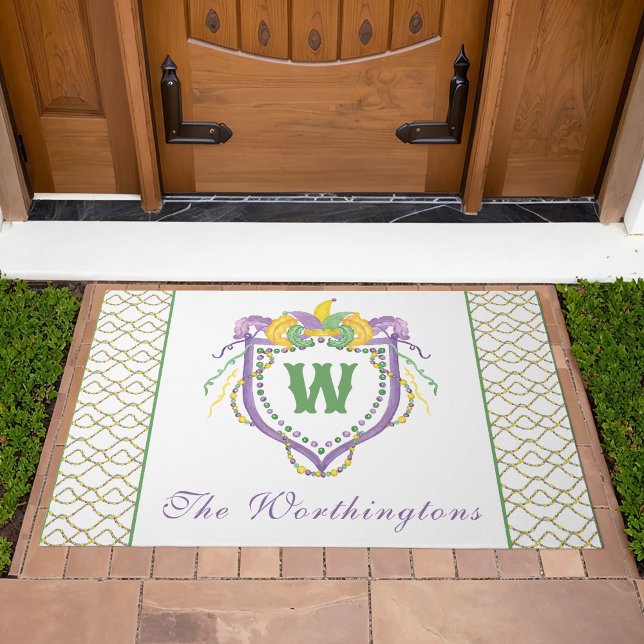 Watercolor Mardi Gras Monogram Crest Doormat (Creator Uploaded)