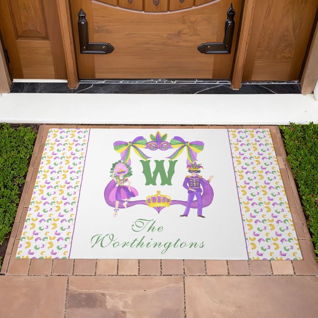 Watercolor Mardi Gras Monogram Crest Doormat (Creator Uploaded)