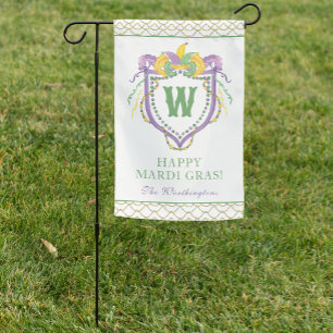 Watercolor Mardi Gras Monogram Crest Garden Flag