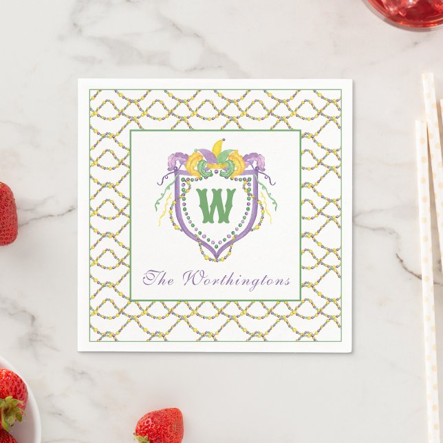 Watercolor Mardi Gras Monogram Crest Napkins (Creator Uploaded)