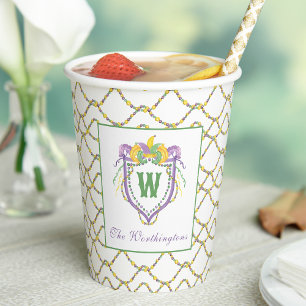 Watercolor Mardi Gras Monogram Crest Paper Cups