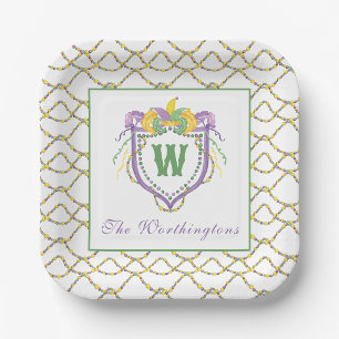 Watercolor Mardi Gras Monogram Crest Paper Plates