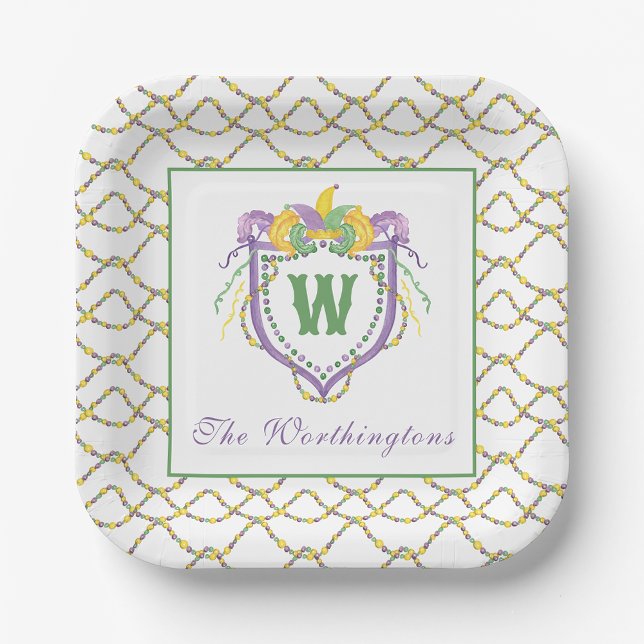 Watercolor Mardi Gras Monogram Crest Paper Plates (Creator Uploaded)