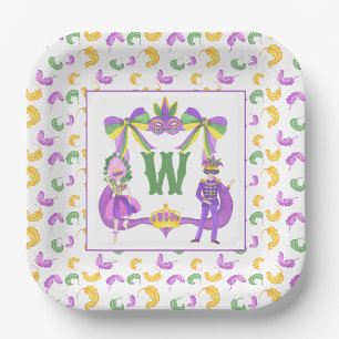 Watercolor Mardi Gras Monogram Crest Paper Plates