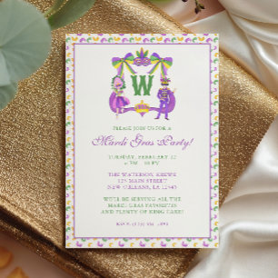 Watercolor Mardi Gras Monogram Crest Party Invitation