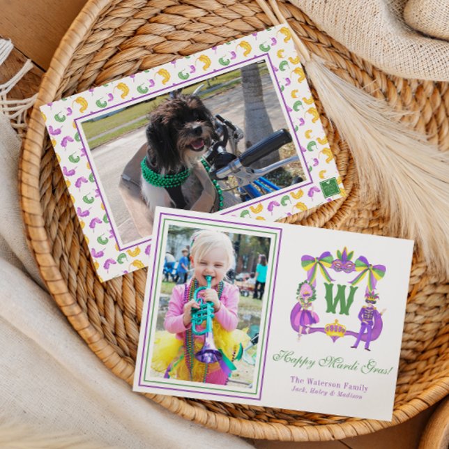 Watercolor Mardi Gras Monogram Crest Photo Holiday Card (Creator Uploaded)