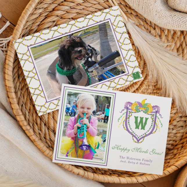 Watercolor Mardi Gras Monogram Crest Photo Holiday Card (Creator Uploaded)