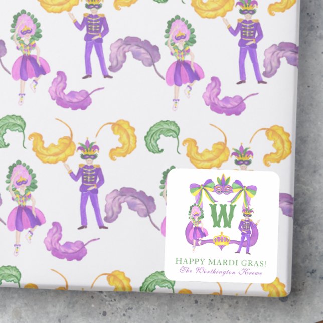 Watercolor Mardi Gras Monogram Crest Square Sticker (Creator Uploaded)