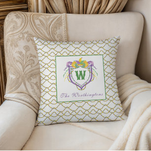Watercolor Mardi Gras Monogram Crest Throw Pillow