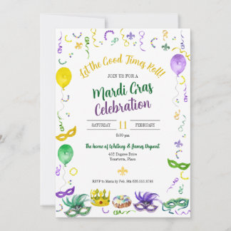 Watercolor Mardi Gras Objects Party Invitation