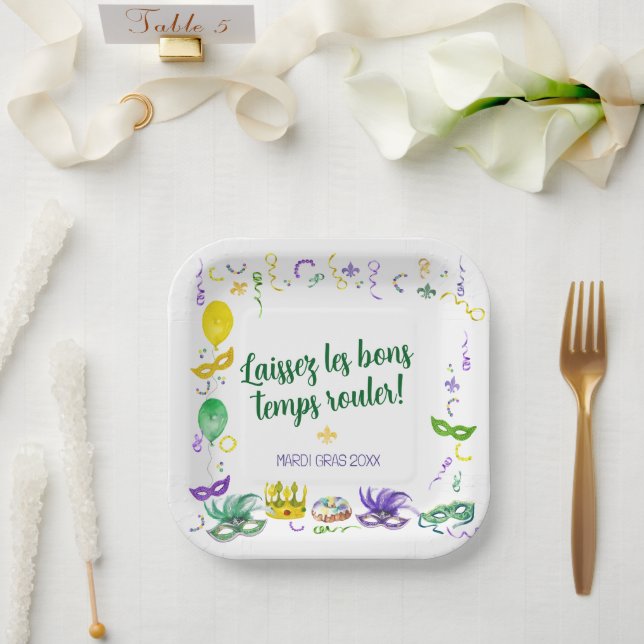 Watercolor Mardi Gras Objects Party Paper Plates (Wedding)