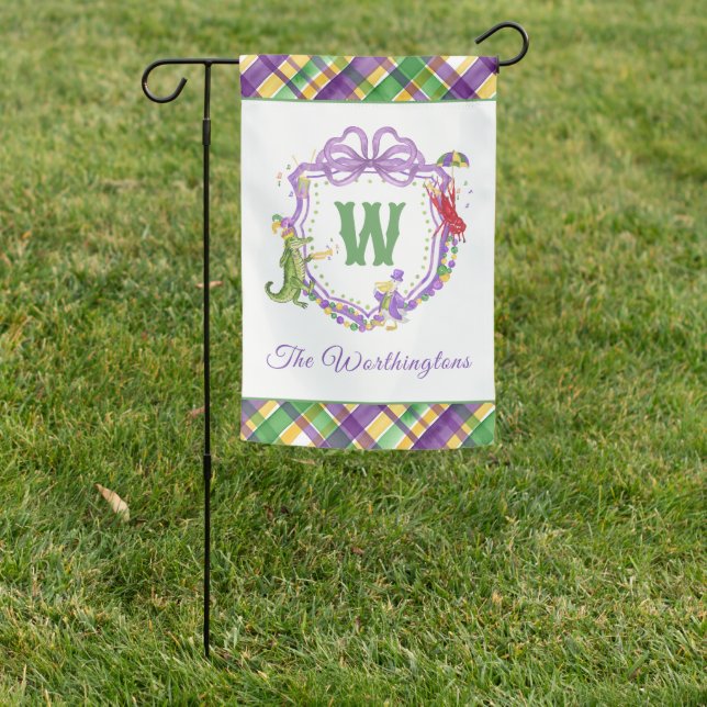 Watercolor Mardi Gras Plaid Animals Monogram Crest Garden Flag (In SItu)