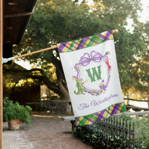 Watercolor Mardi Gras Plaid Animals Monogram Crest House Flag
